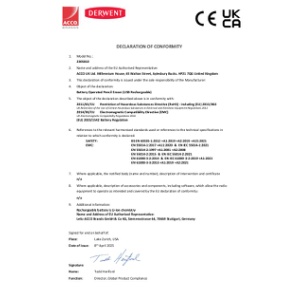 Derwent Battery Operated Eraser (USB Rechargeable) CE UKCA Declaration - 2025 April (DS)